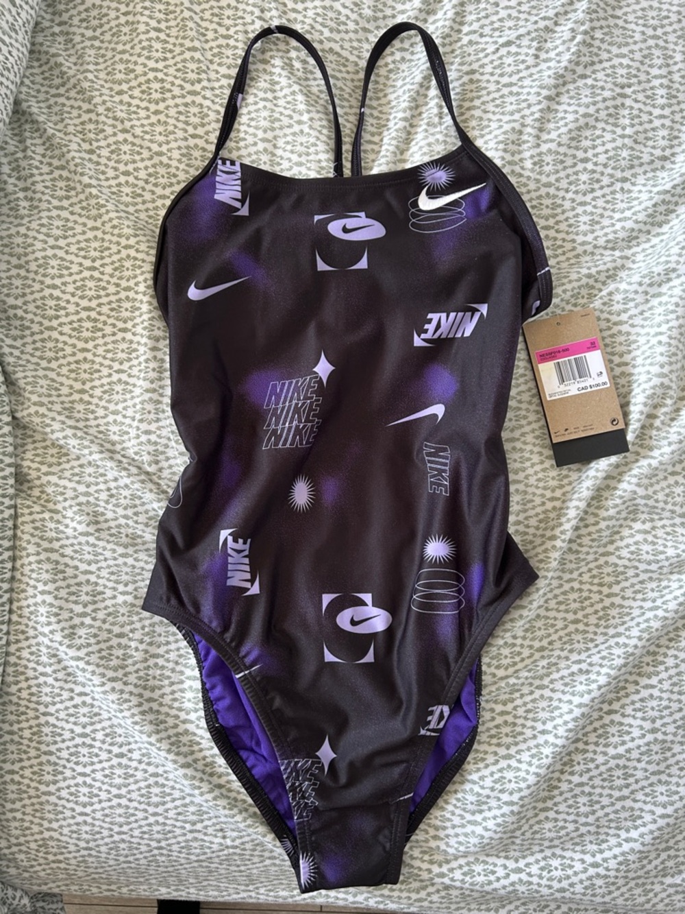 Nike Black One-Piece Swim with Purple Logo Accents